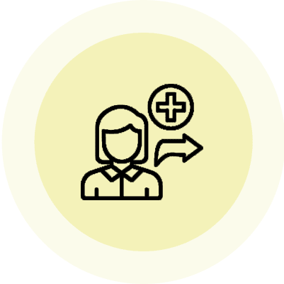 Icon of a person with a medical cross and an arrow pointing right.