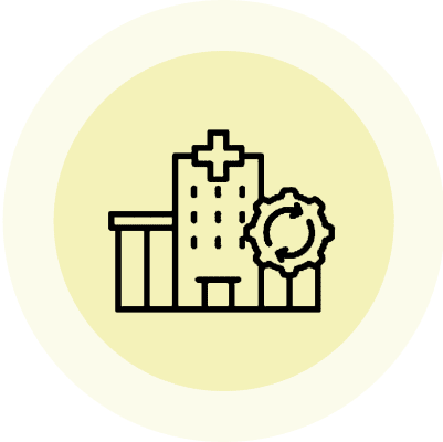 Line icon of a hospital building with a medical cross and a flower.