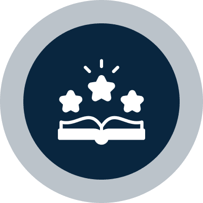 Open book with three stars above it on a dark background.