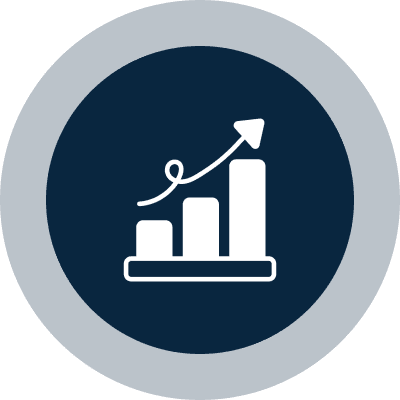 White bar chart with an upward arrow on dark blue background.