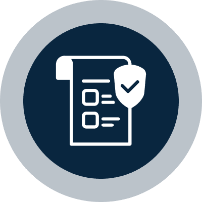 A checklist on a scroll with a shield checkmark symbol.