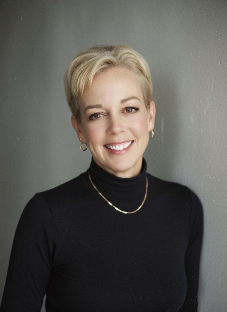 Smiling woman with short blonde hair in a black turtleneck.